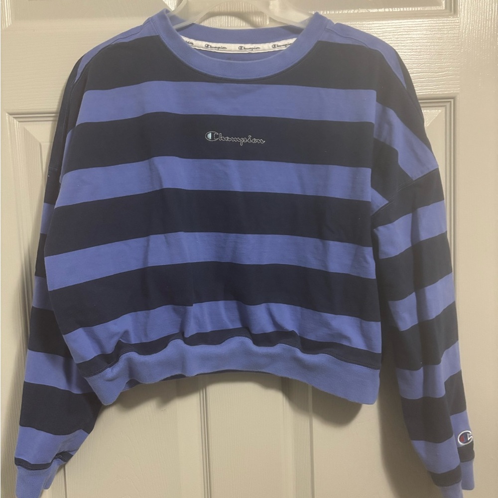 Champion Women’s Cropped Crewneck Sweatshirt - Blue & Black Stripes